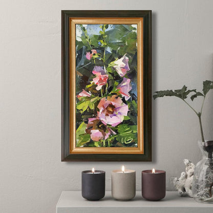Oil painting Pink flowers Volodymyr Gluhomanyuk in rectangular gold-bordered frame