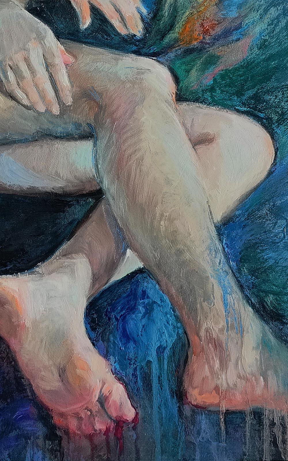 Impressionistic oil painting of mermaid-like bare legs and feet by Oksana Osnach