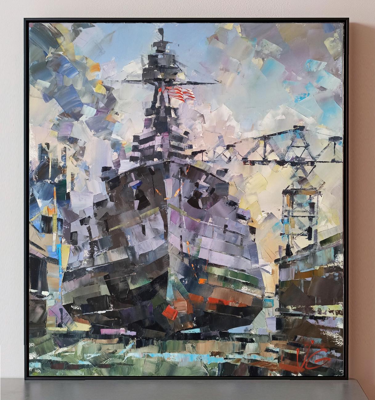 Oil painting of USS Texas BB-35 in dry dock by Volodymyr Gluhomanyuk