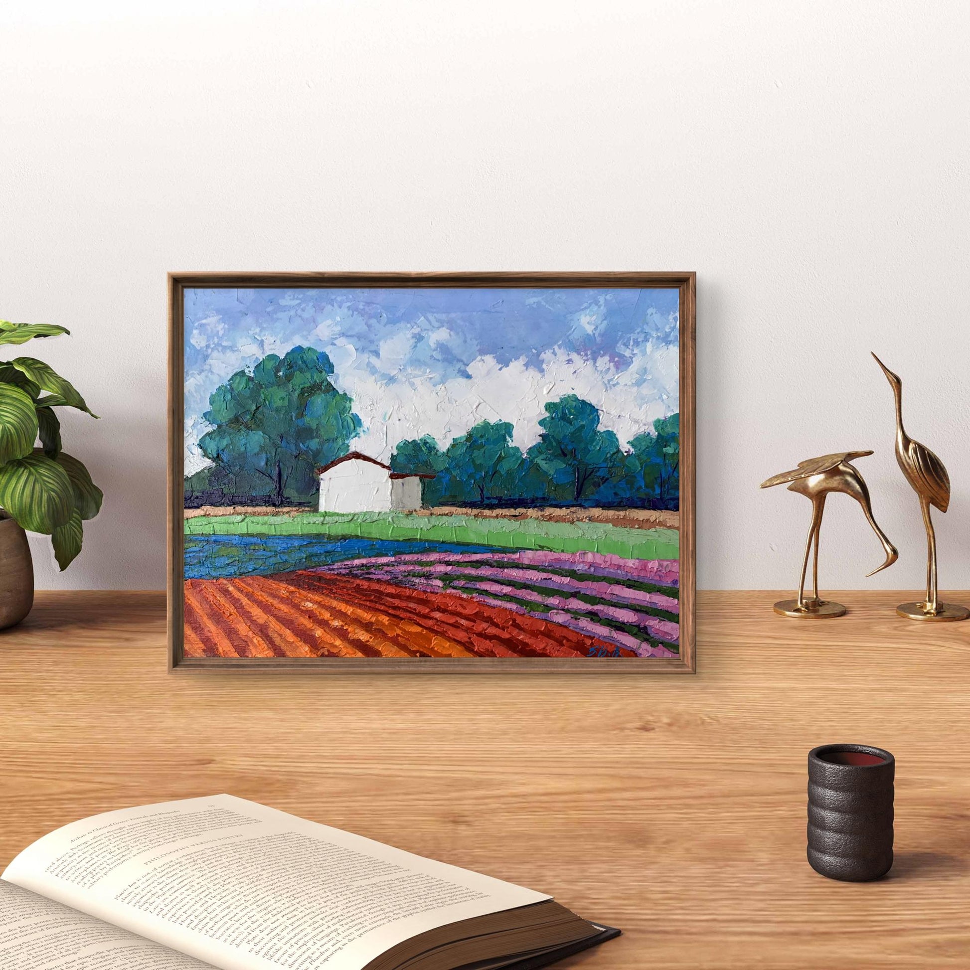 Framed Oil painting House among the Trees by V. Zadorozhnya, vibrant abstract landscape