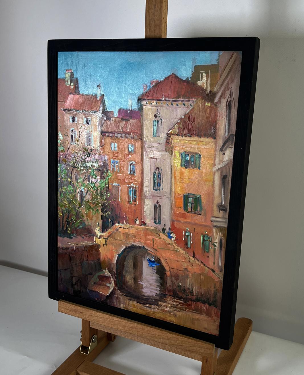 Framed oil painting of sunlit canal by Yuriy Suprunchuk