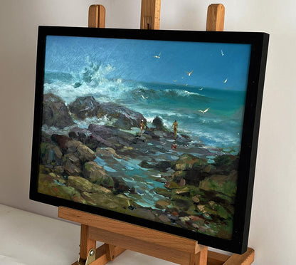 Oil painting of seashore with crashing waves, rocky shores, seagulls by Yuriy Suprunchuk