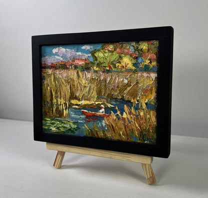 Oil painting Silence of the Water by Oksana Ivanyuk in black frame