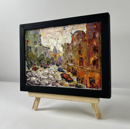 Oil painting City in the Morning by Oleksiy Ivanyuk, bustling street scene