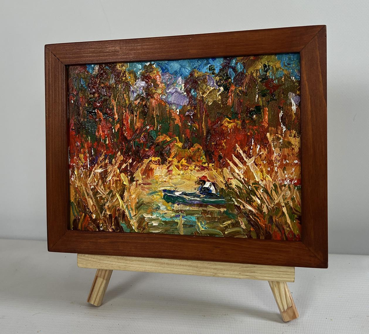 Oleksiy Ivanyuk oil painting of autumn lake with boat