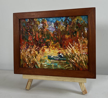 Oleksiy Ivanyuk oil painting of autumn lake with boat