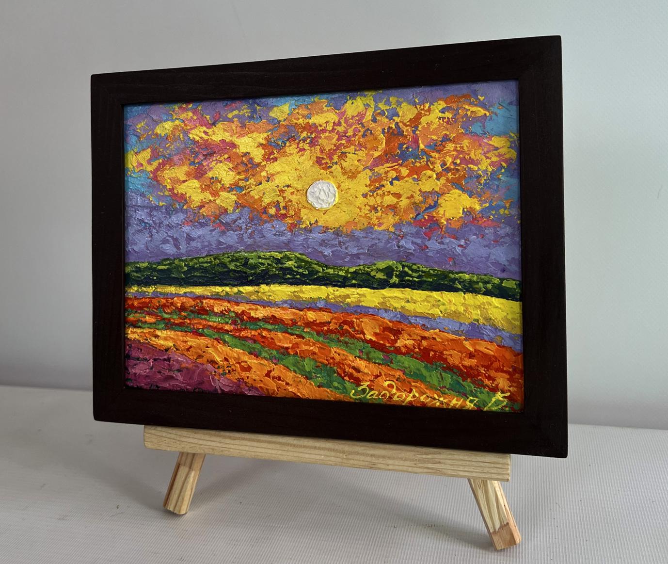 Oil painting Bright lights of sunset by V. Zadorozhnya in black frame