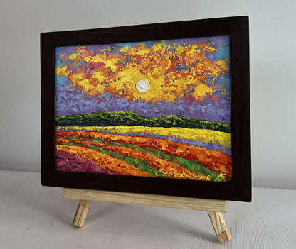 Oil painting Bright lights of sunset by V. Zadorozhnya in black frame