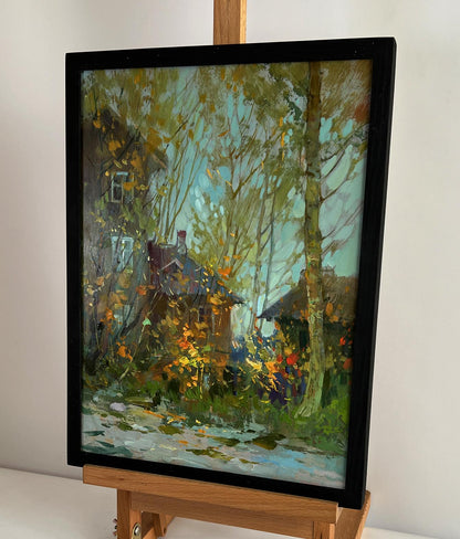 Oil painting of autumn old town street by Yuriy Suprunchuk in black frame