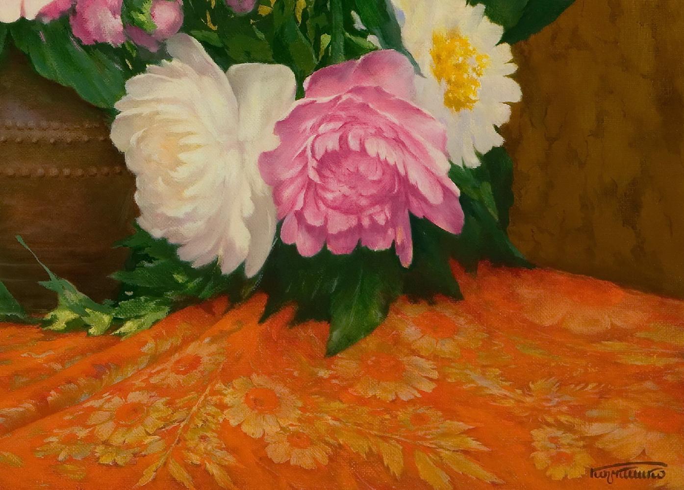 Vibrant pink and white peonies oil painting by Vasily Korkishko on red tablecloth
