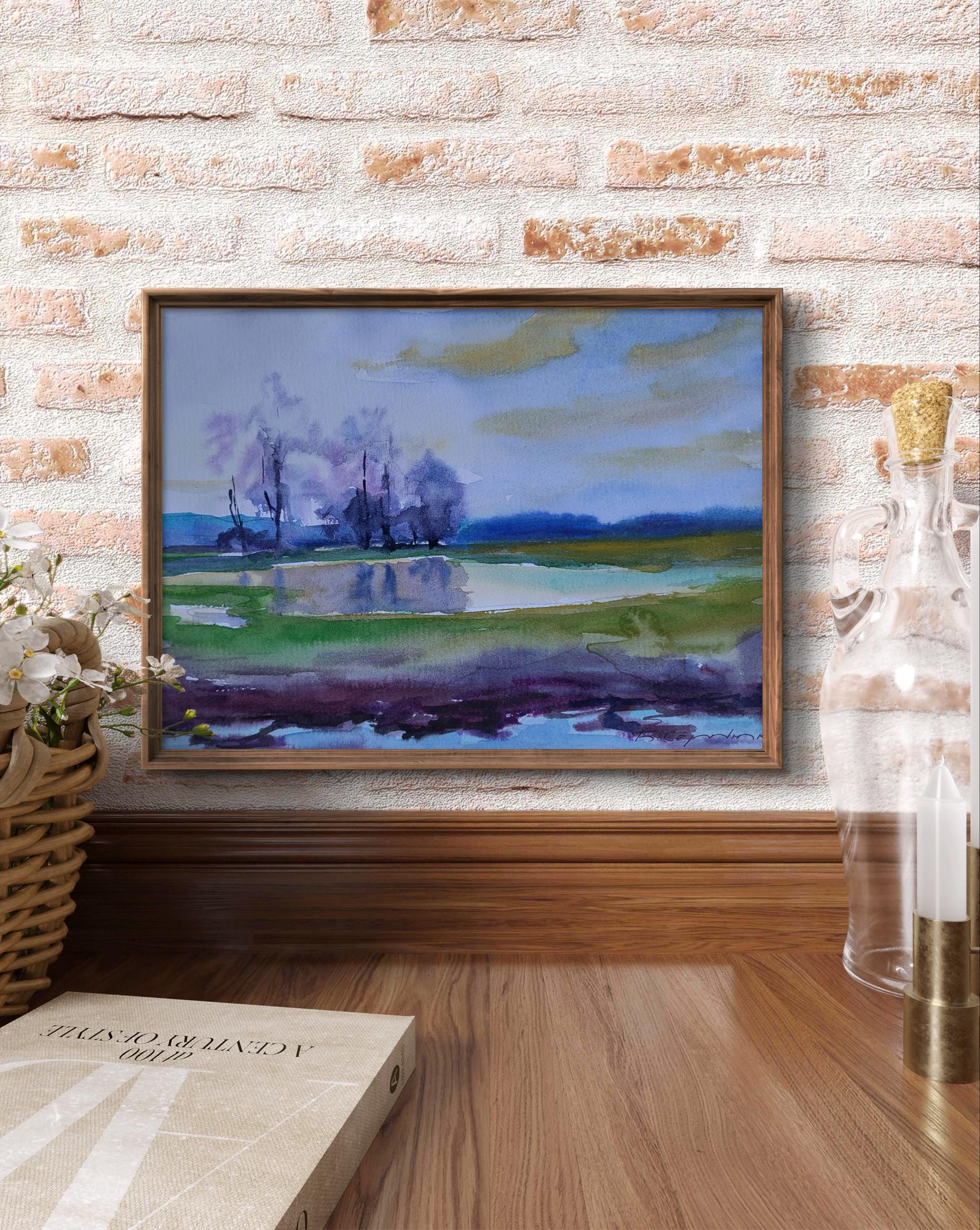 Watercolor Lake in the Woods by Boris Serdyuk in wooden frame