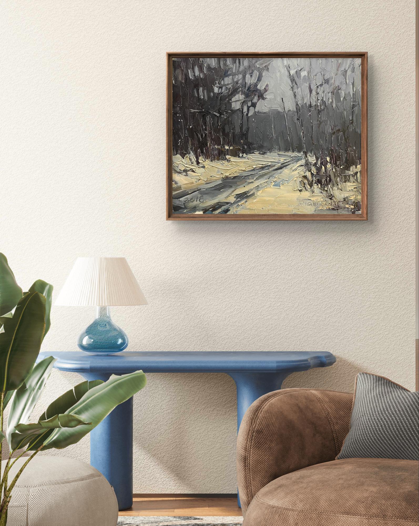 Framed oil painting In the winter forest by Volodymyr Pashchenko