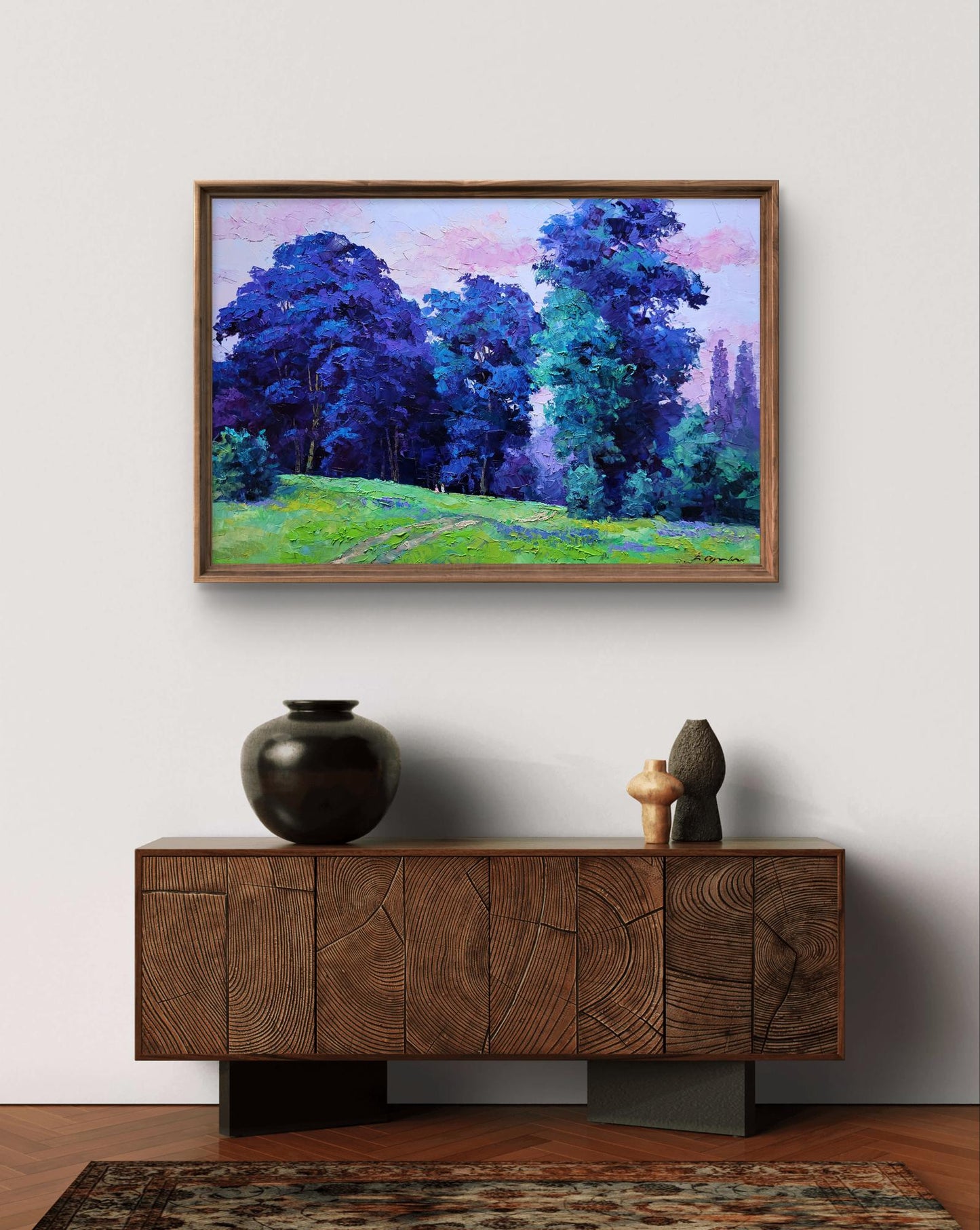 Oil painting A meadow on the edge of the forest by Boris Serdyuk in wooden frame