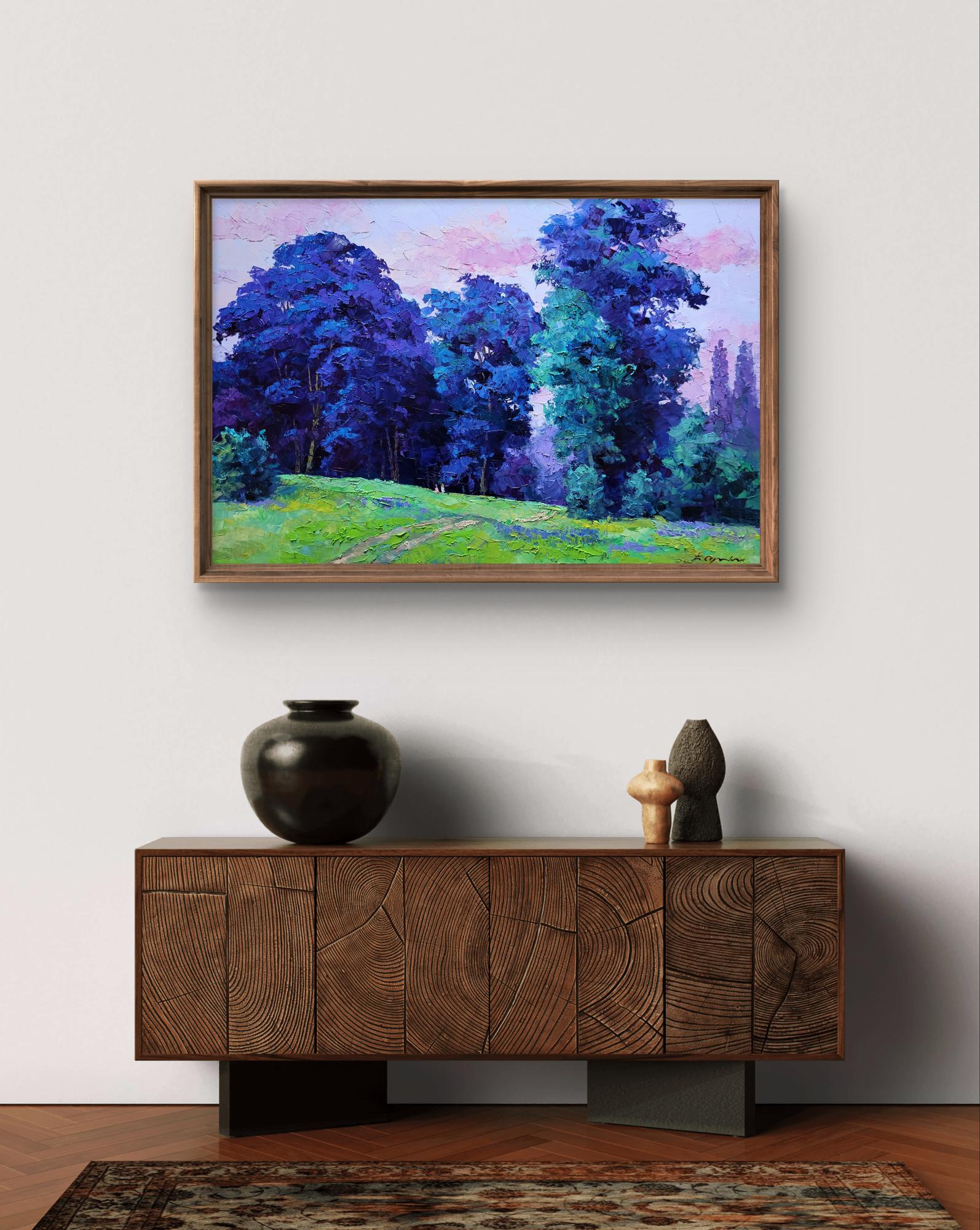 Oil painting A meadow on the edge of the forest by Boris Serdyuk in wooden frame