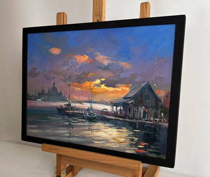 Oil painting Evening boat dock by Yuriy Suprunchuk, sunset harbor scene