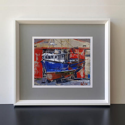 Framed oil painting The ship is under repair by Volodymyr Gluhomanyuk, blue red boat