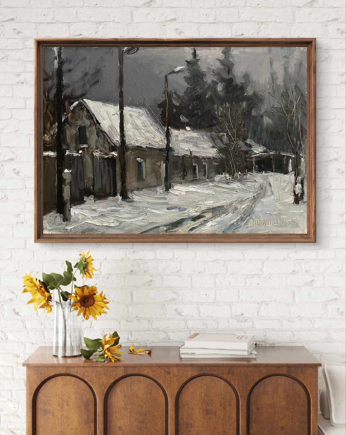Oil painting White Carpet by Volodymyr Pashchenko snowy village in wood frame