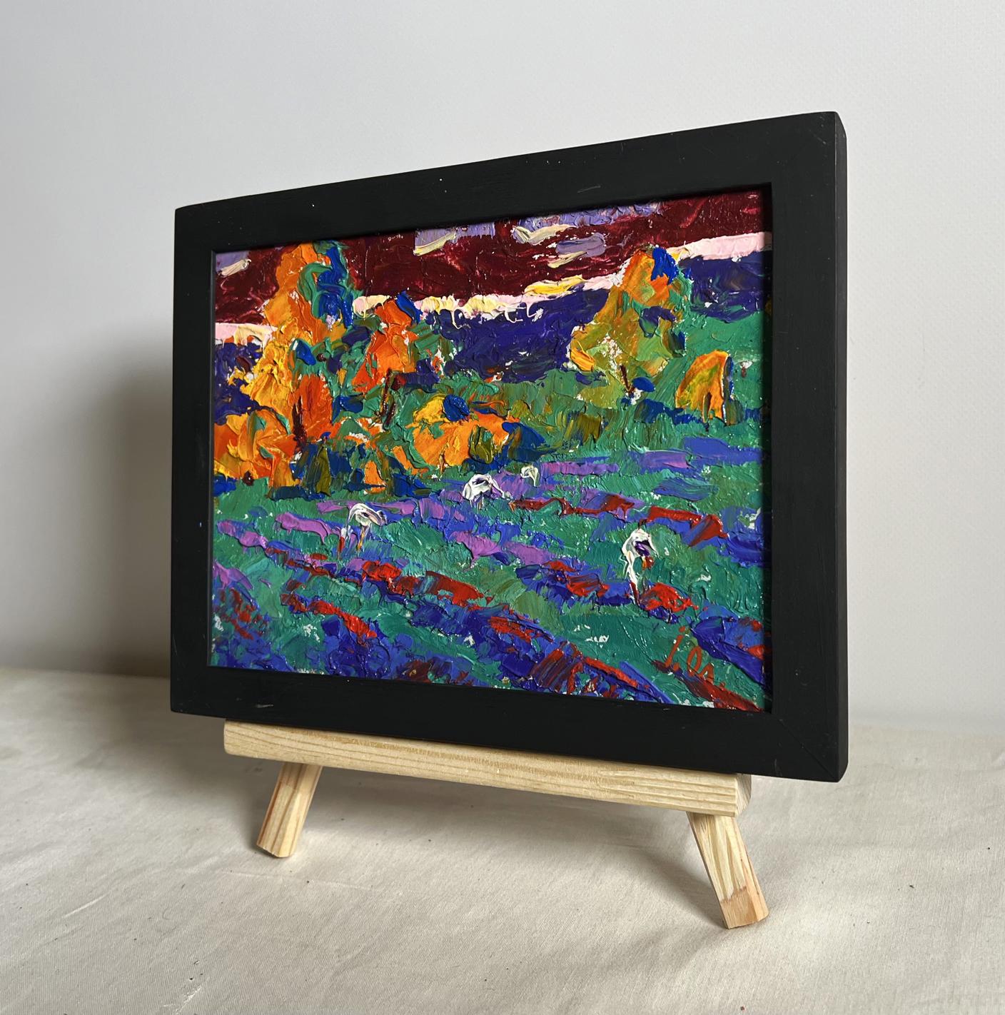 Oil painting Crimson evening in the field by Oleksiy Ivanyuk in black frame