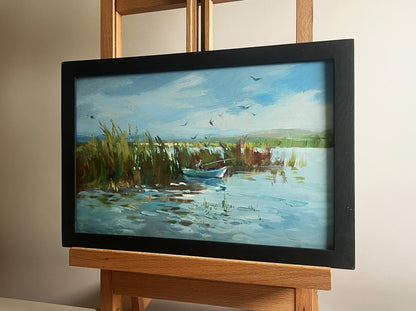 Oil painting Fishing among the reeds by Yuriy Suprunchuk lakeside scene