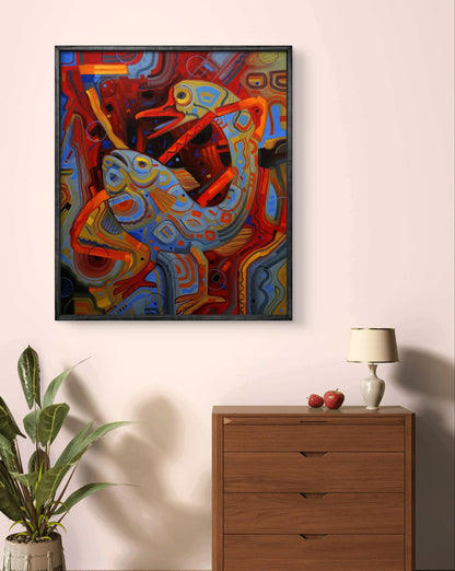 Vibrant oil painting The fish goes for a walk by Sergiy Voichenko with stylized frogs