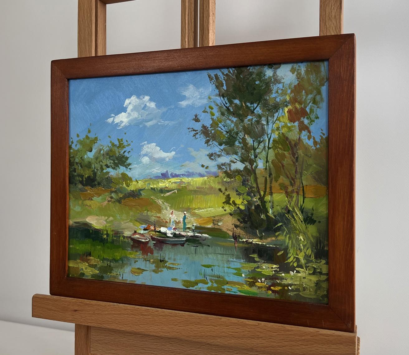 Framed oil painting of serene summer lake swim by Yuriy Suprunchuk