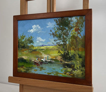 Framed oil painting of serene summer lake swim by Yuriy Suprunchuk