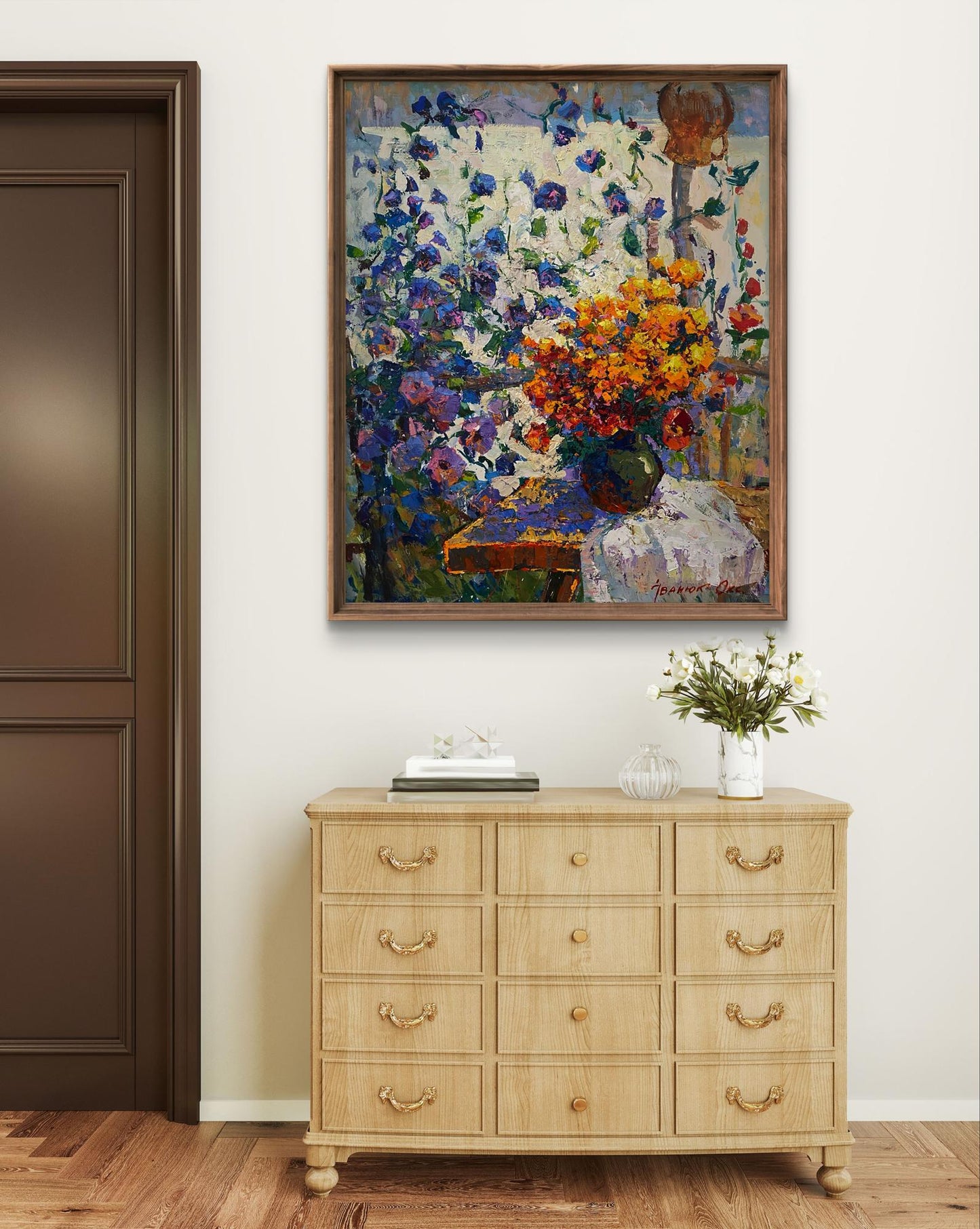 Vibrant impressionist floral still life by Oksana Ivanyuk in dark wooden frame