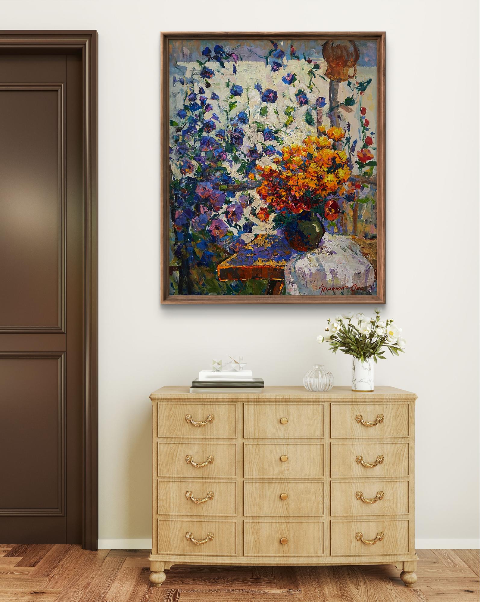 Vibrant impressionist floral still life by Oksana Ivanyuk in dark wooden frame