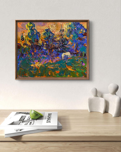 Oil painting Warm evening in the forest by Oleksiy Ivanyuk in wooden frame