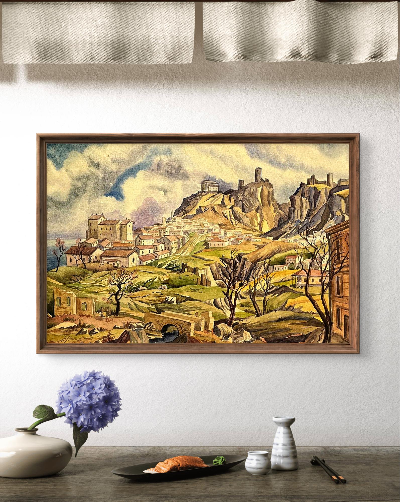 Framed watercolor painting of Dmytro Startsev city in mountains hillside town