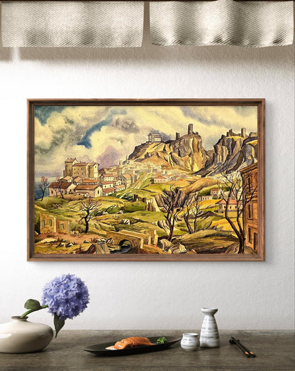 Framed watercolor painting of Dmytro Startsev city in mountains hillside town