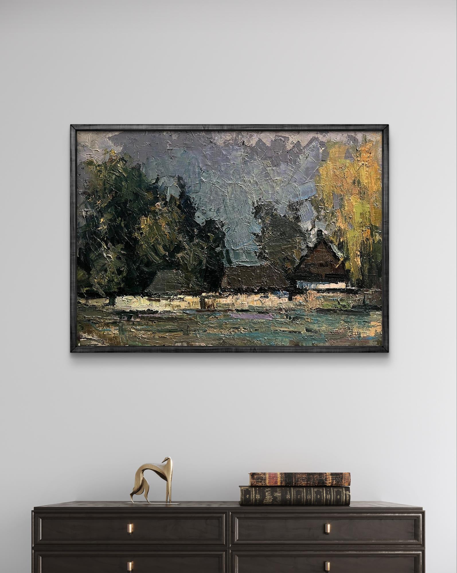 Framed impressionist oil painting by Volodymyr Pashchenko: houses by forest