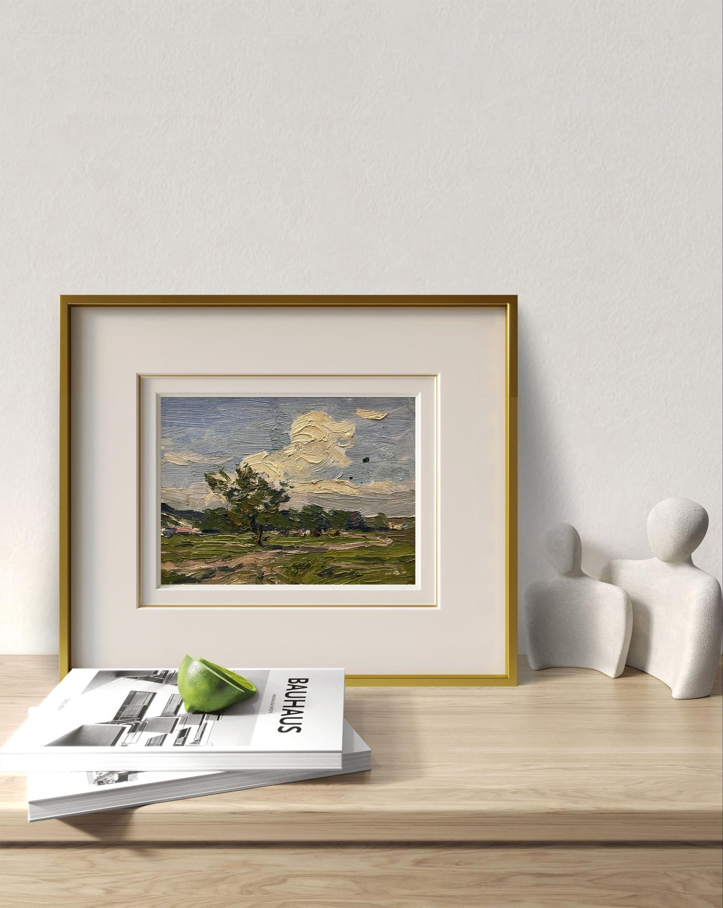 Oil painting White clouds by Yury Konovalov, green fields and blue sky
