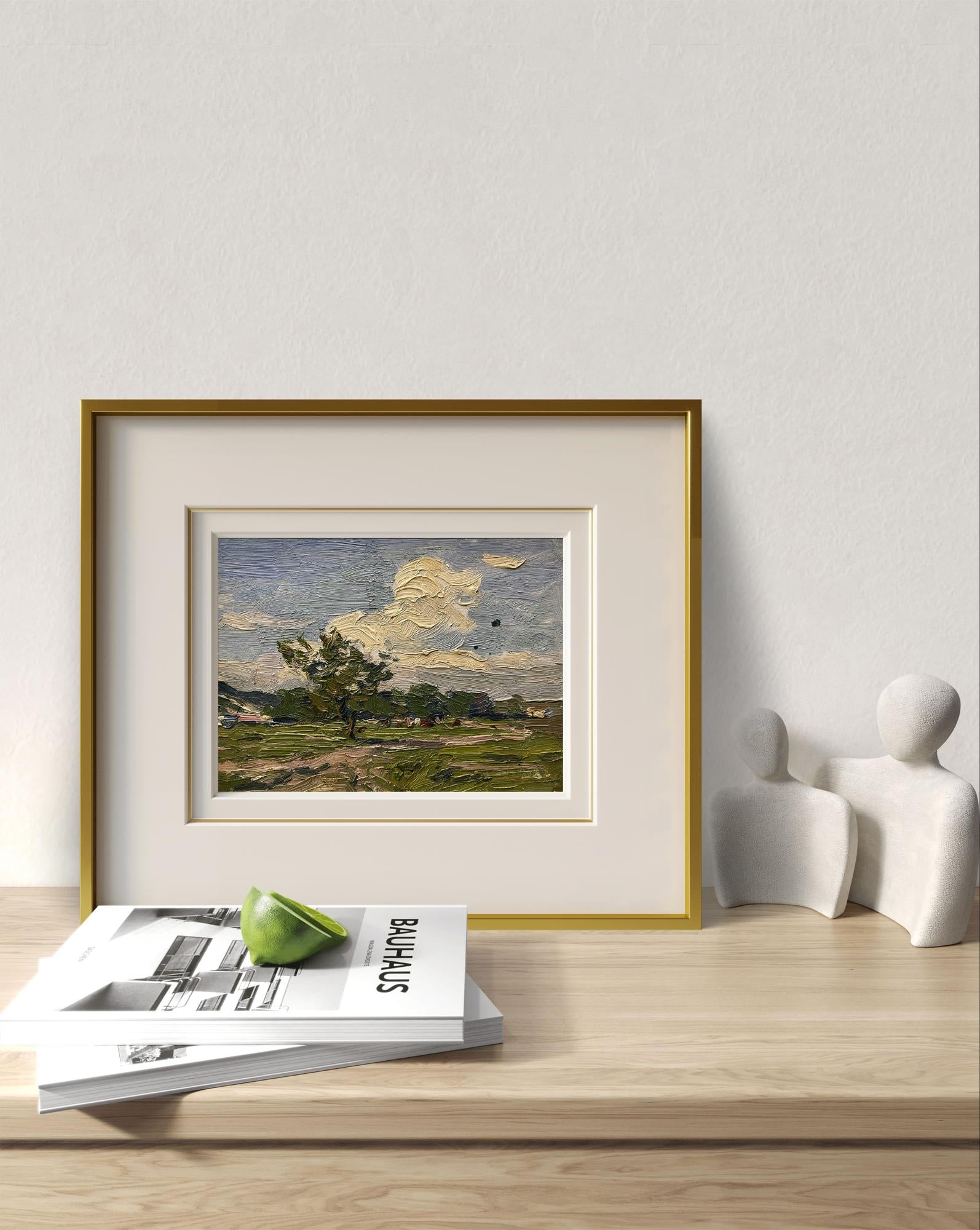 Oil painting White clouds by Yury Konovalov, green fields and blue sky