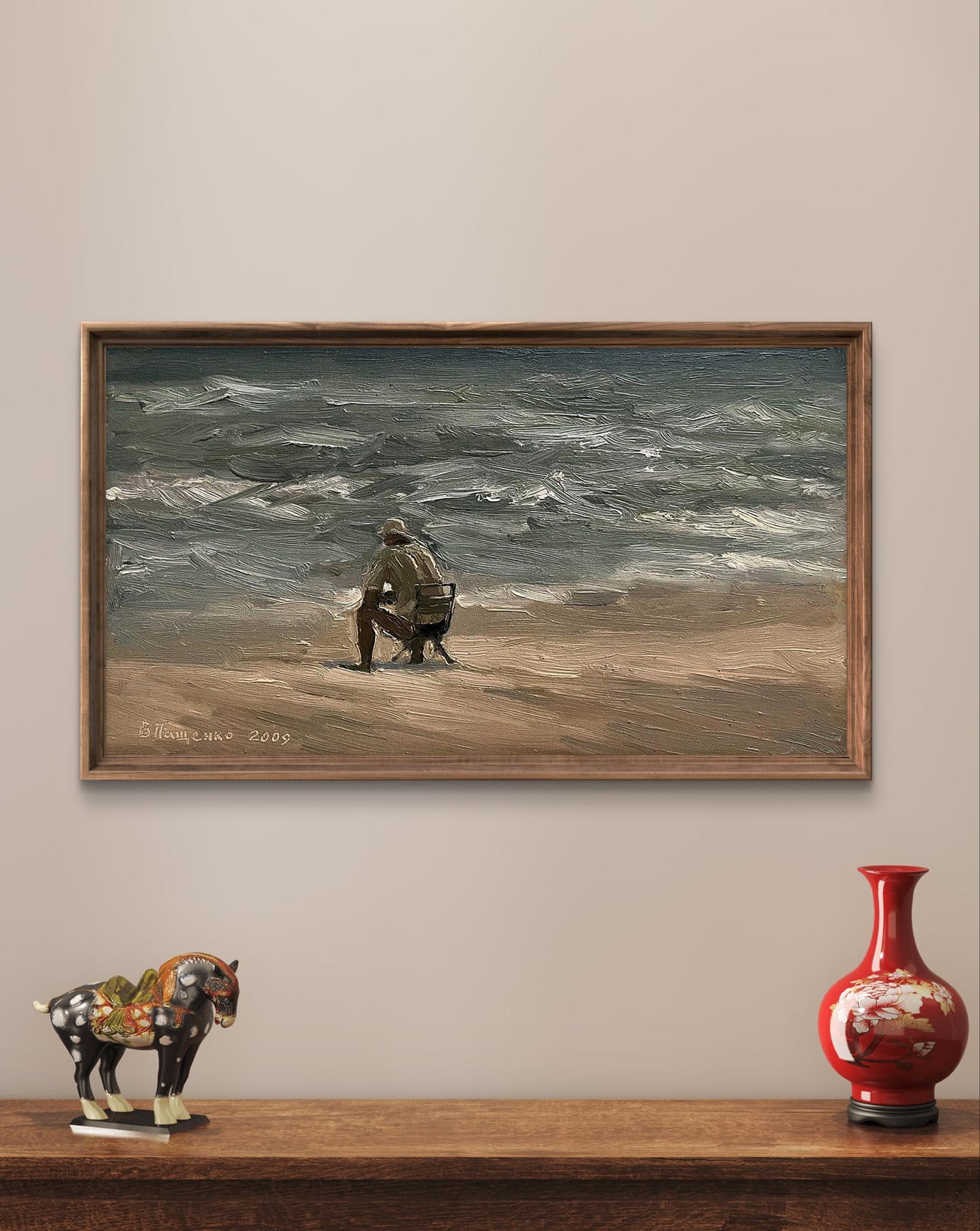 Oil painting Alone on the beach by Volodymyr Pashchenko in wooden frame