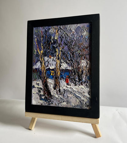 Oil painting The winter night came quickly by Oksana Ivanyuk snowy forest scene