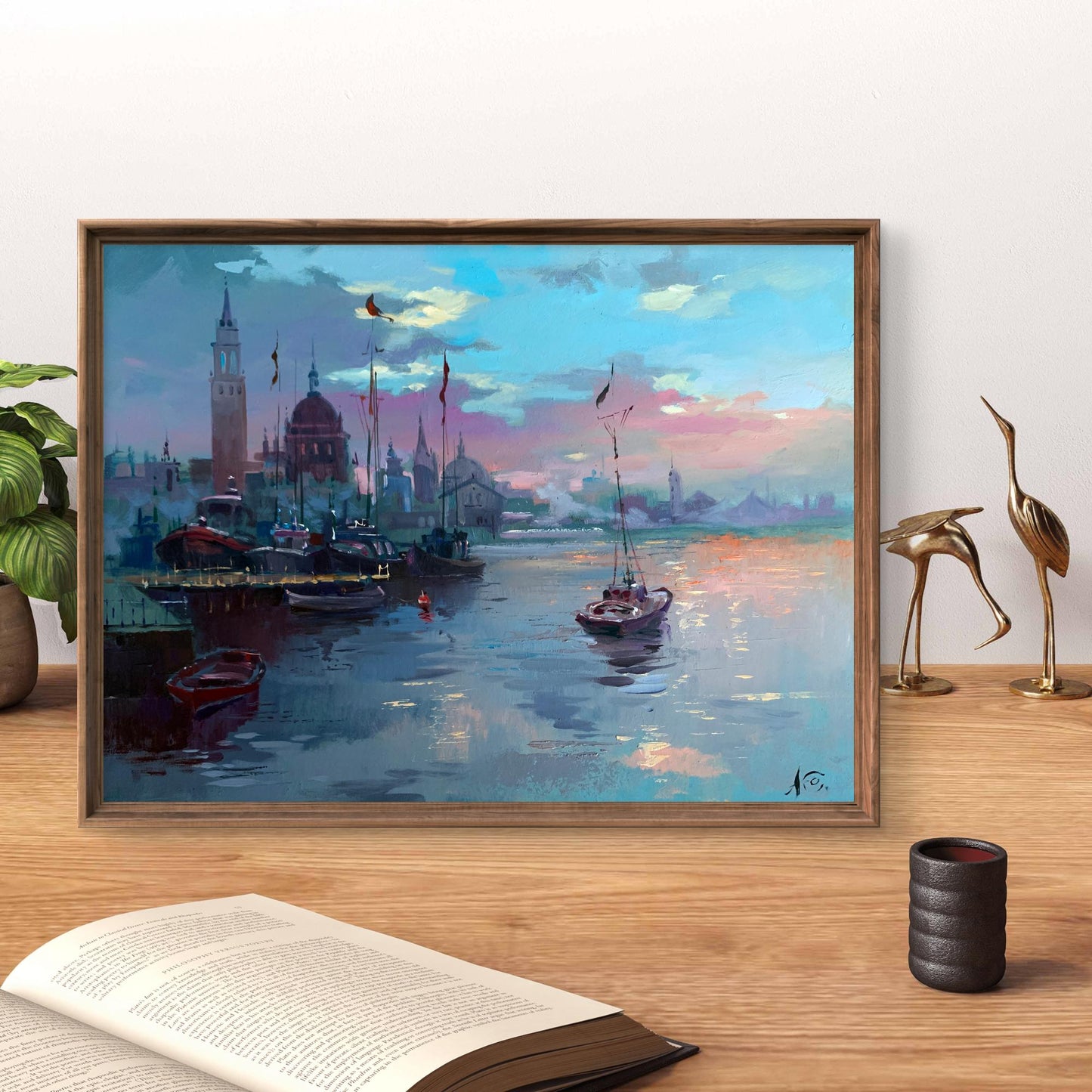 Framed oil painting Romantic Sailing by Yuriy Suprunchuk, serene dusk harbor