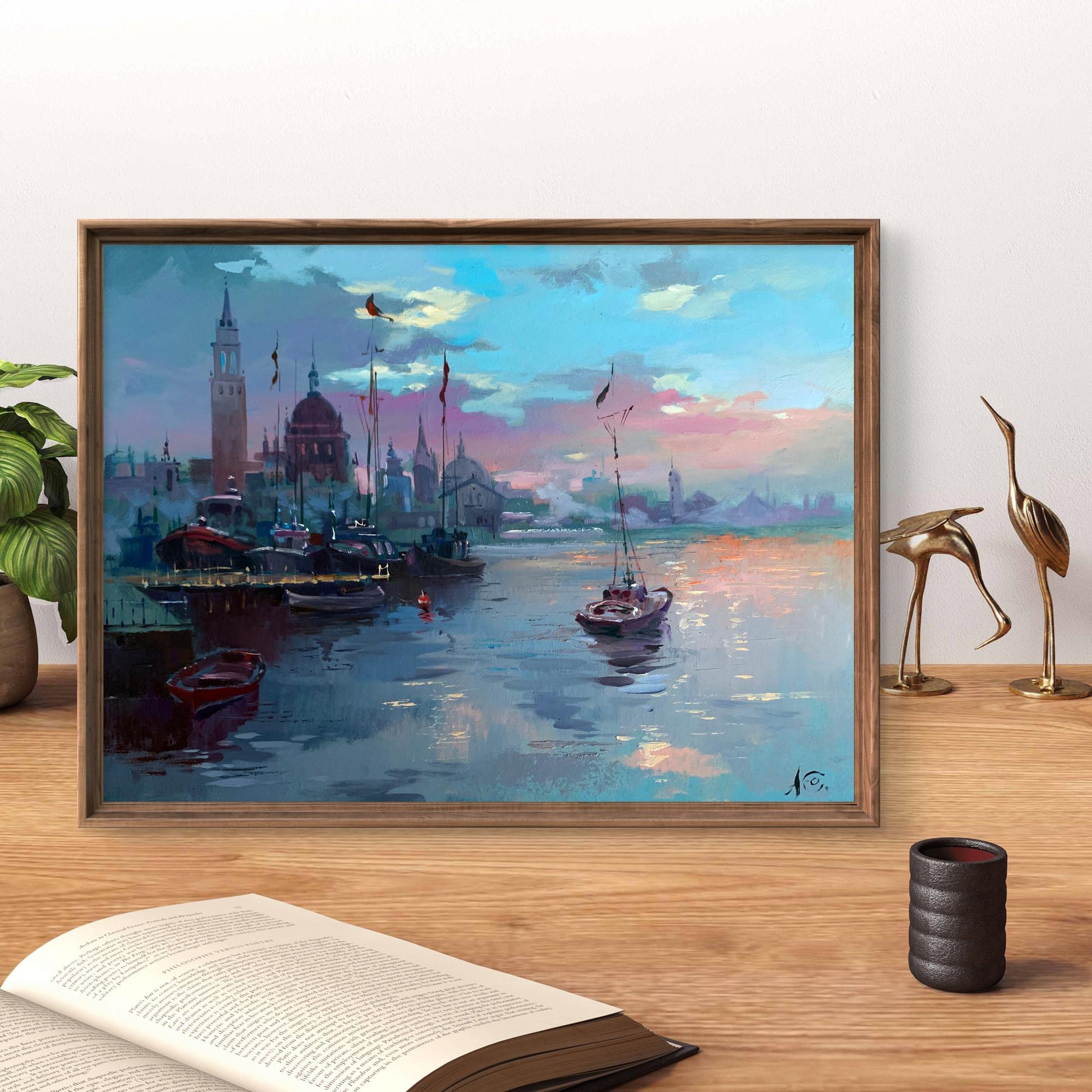 Framed oil painting Romantic Sailing by Yuriy Suprunchuk, serene dusk harbor