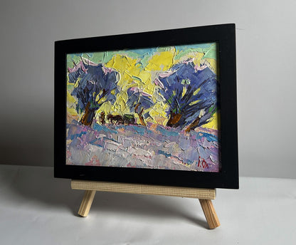 Oil painting Winter morning in the field by Oleksiy Ivanyuk, blue trees, framed