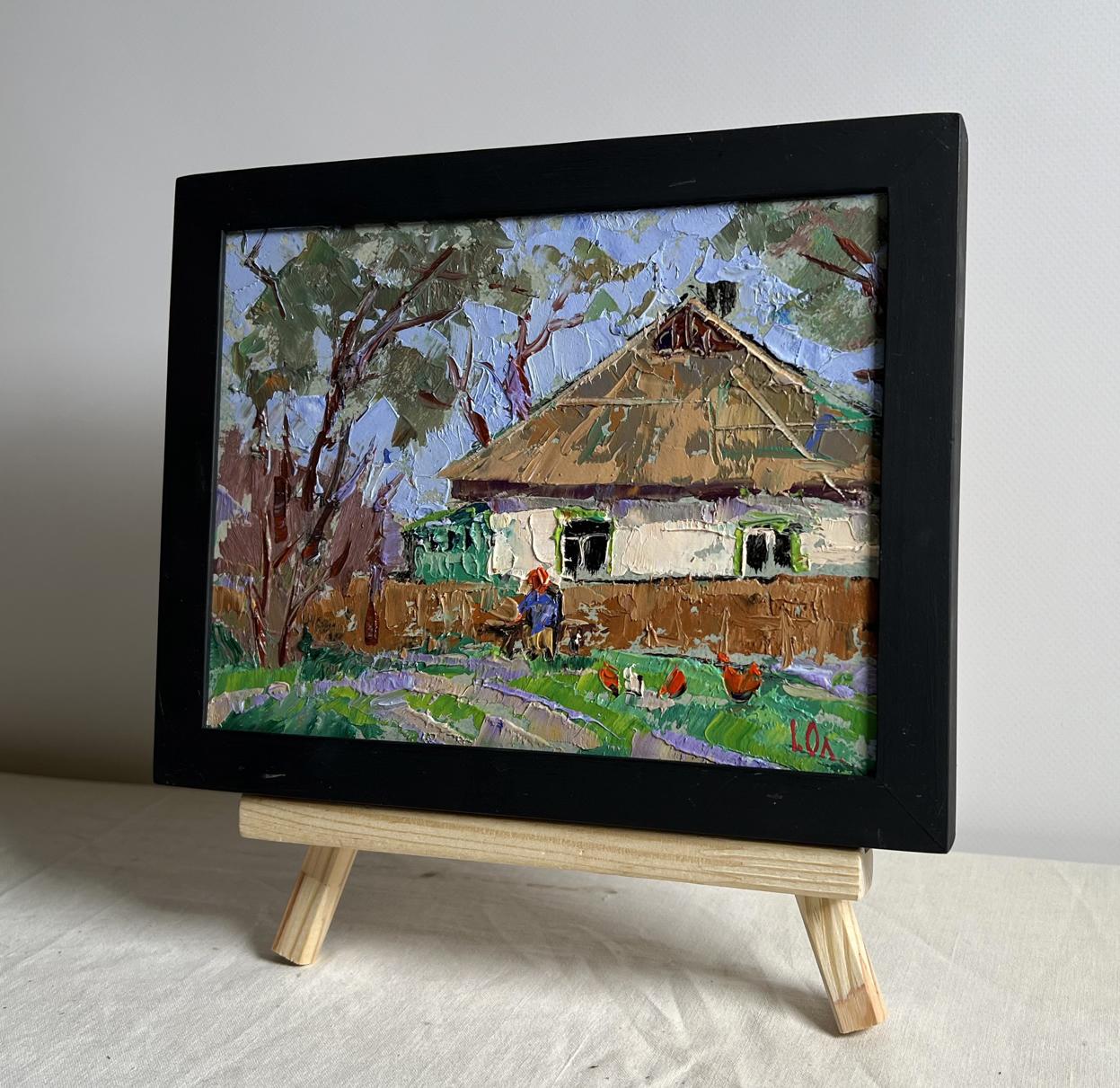 Rustic oil painting of thatched cottage with grandma on bench by Oleksiy Ivanyuk