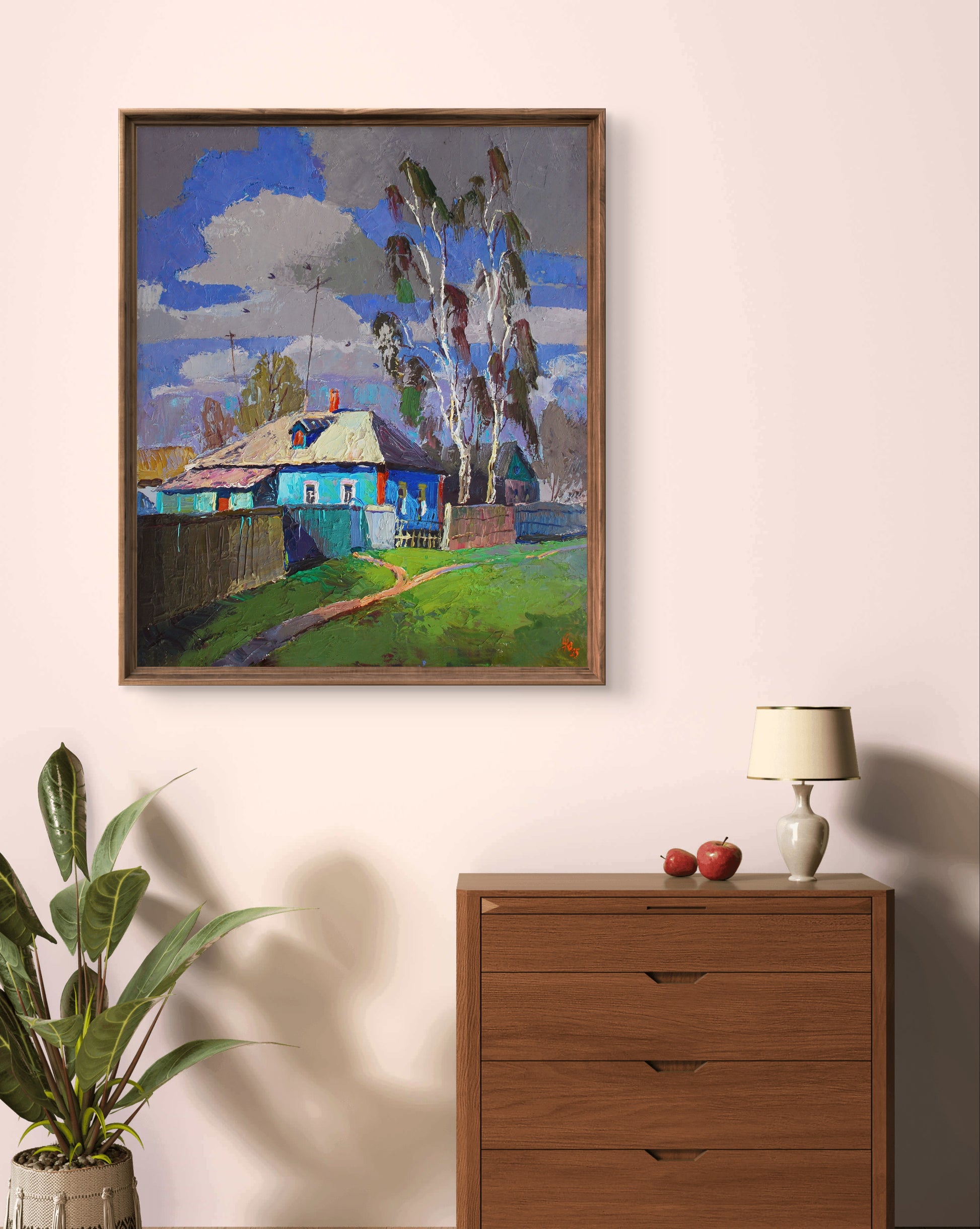 Oil painting Spring in Divination by Egor Shvachunov: rustic village with blue house
