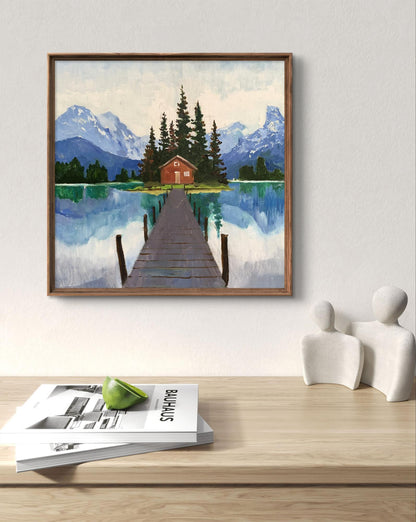 Oil painting by Tatyana Derdey: Hut on lake with dock, red cabin, snowy mountains