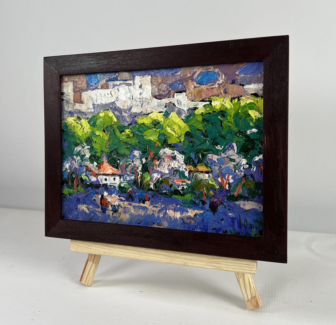 Small dark wood-framed impressionist village painting by Oleksiy Ivanyuk
