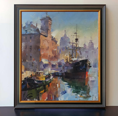 Oil painting Bliss by Volodymyr Gluhomanyuk: impressionist harbor scene in ornate frame