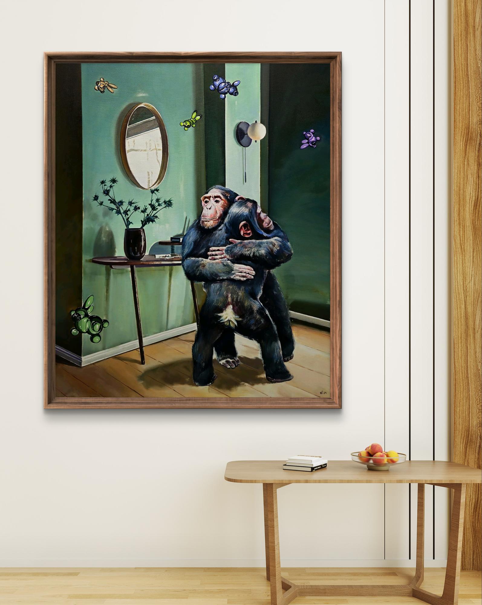 Framed Igor Konovalov oil painting of embracing chimpanzees in green room