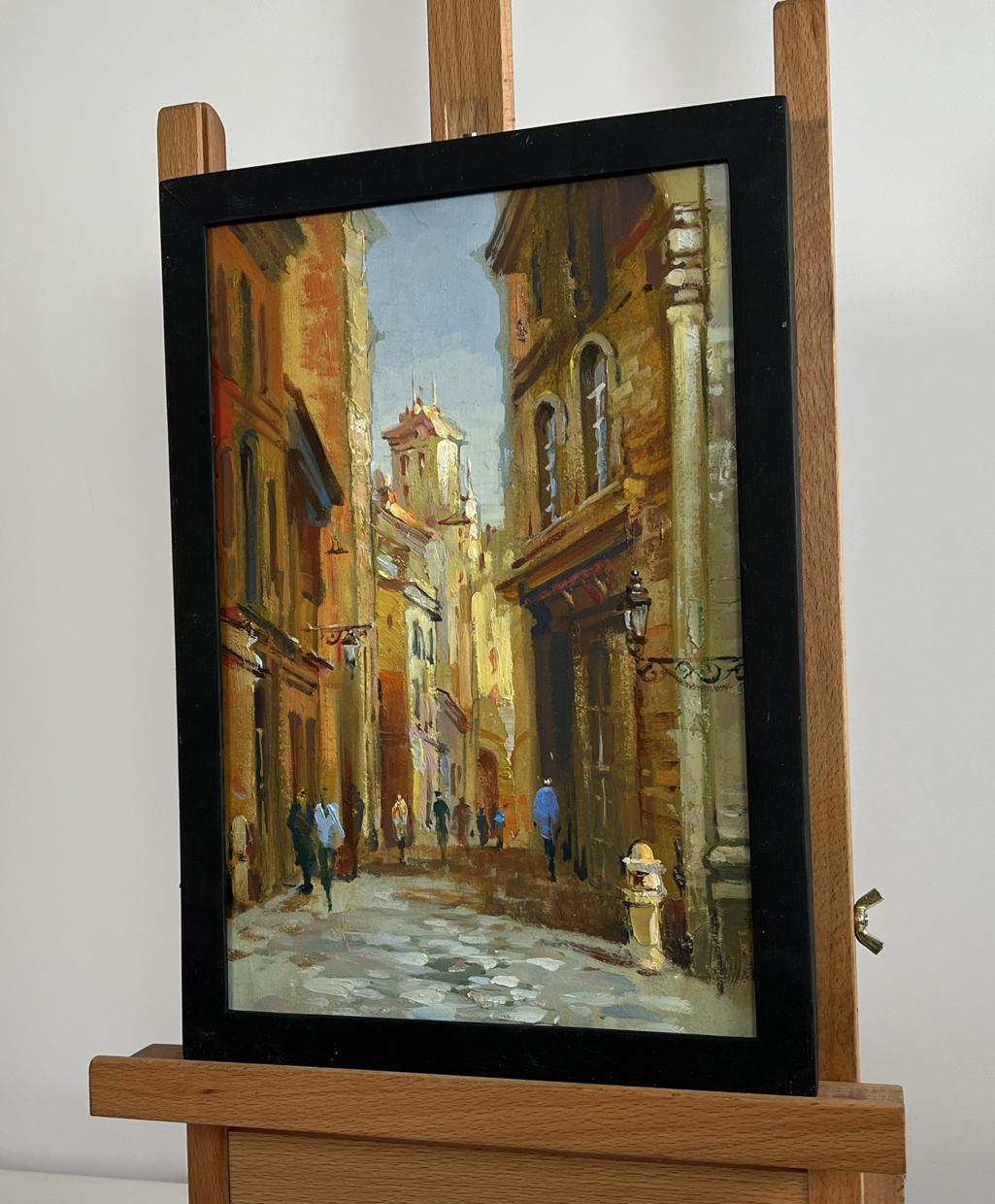 Oil painting by Yuriy Suprunchuk: sunlit European street scene