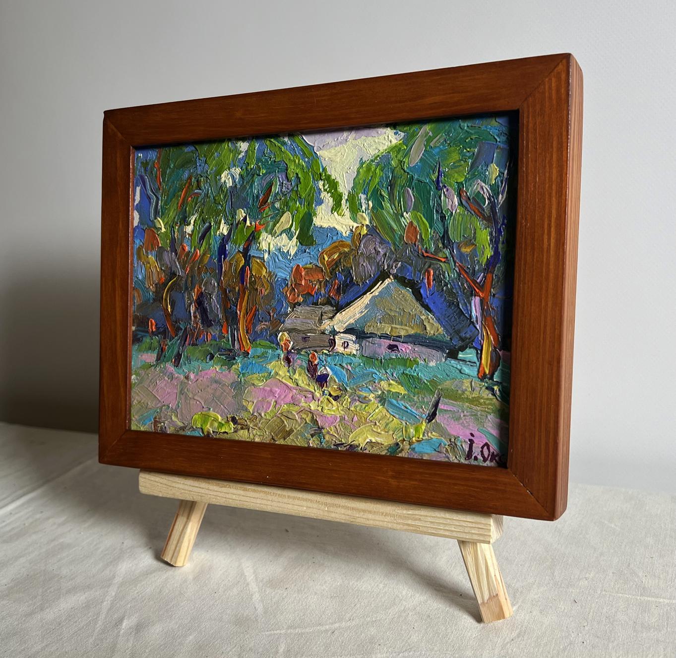 Oil painting Early morning in the village by Oksana Ivanyuk in wooden frame