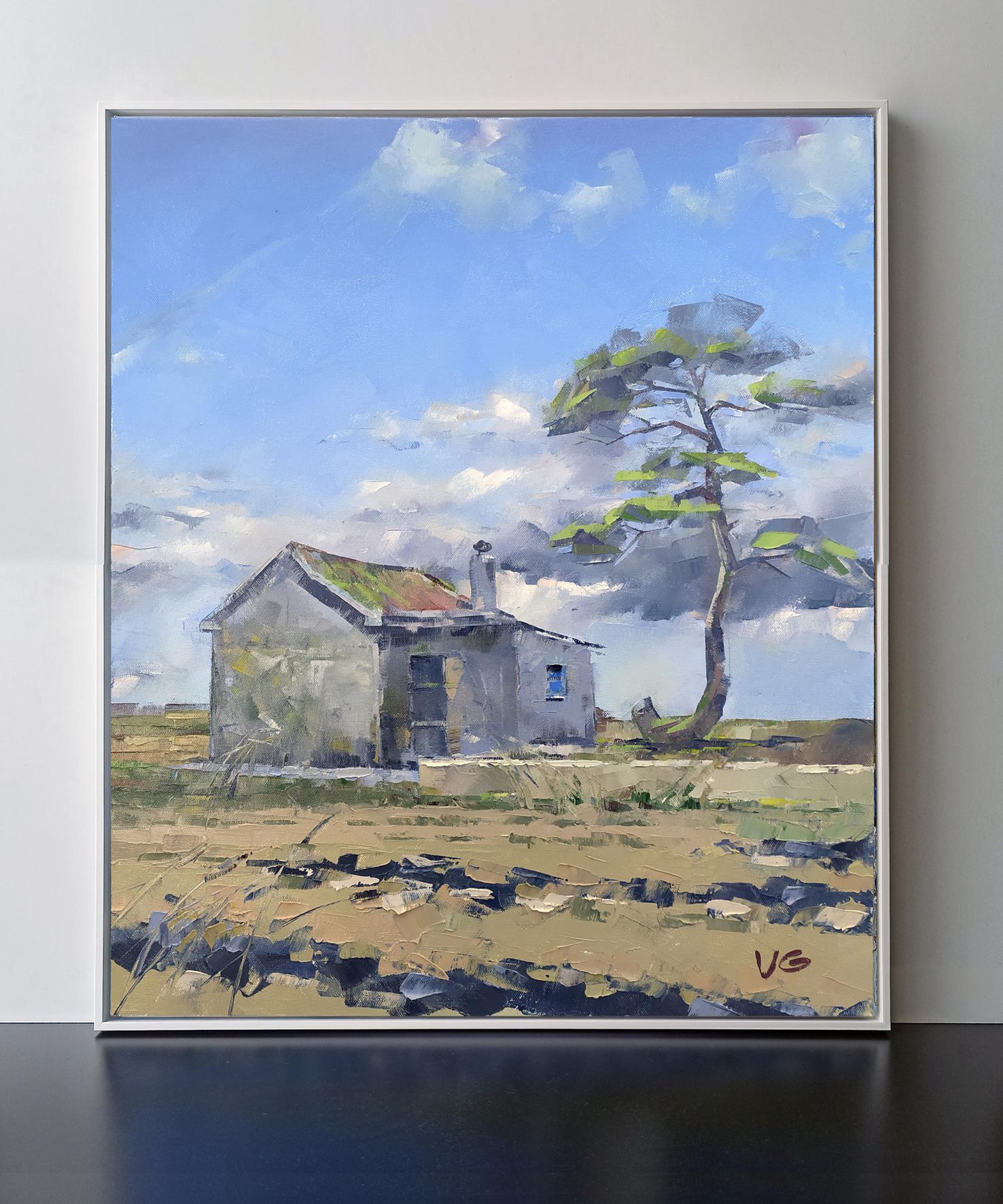 Oil painting House with History by Volodymyr Gluhomanyuk, impressionistic gray house