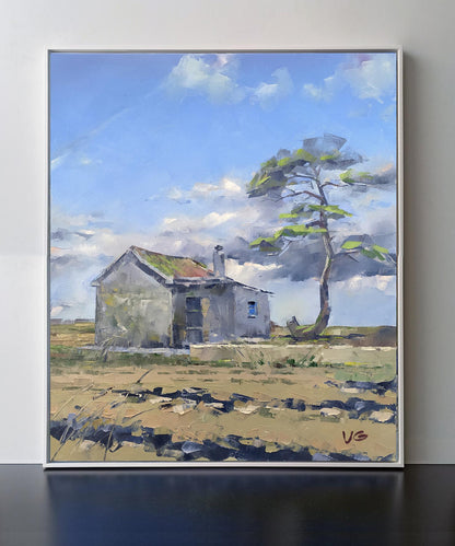 Oil painting House with History by Volodymyr Gluhomanyuk, impressionistic gray house