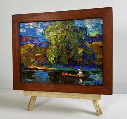 Oil painting The boat is sailing on the lake by Oleksiy Ivanyuk in wooden frame